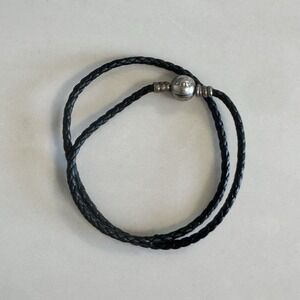 Pandora Double Black Leather Bracelet Sterling Silver Ball Clasp S 925 ALE‎